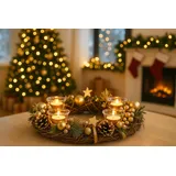 KAMACA XL Weihnachtskranz Dekokranz aus massiven Holzzweigen Ø 34 cm mit Tannenzweigen Kugeln und 4 Glas Kerzenhaltern Advent Weihnachten Festliche Tischdecko (XL Adventskranz Gold 34 x 34 x 8 cm)