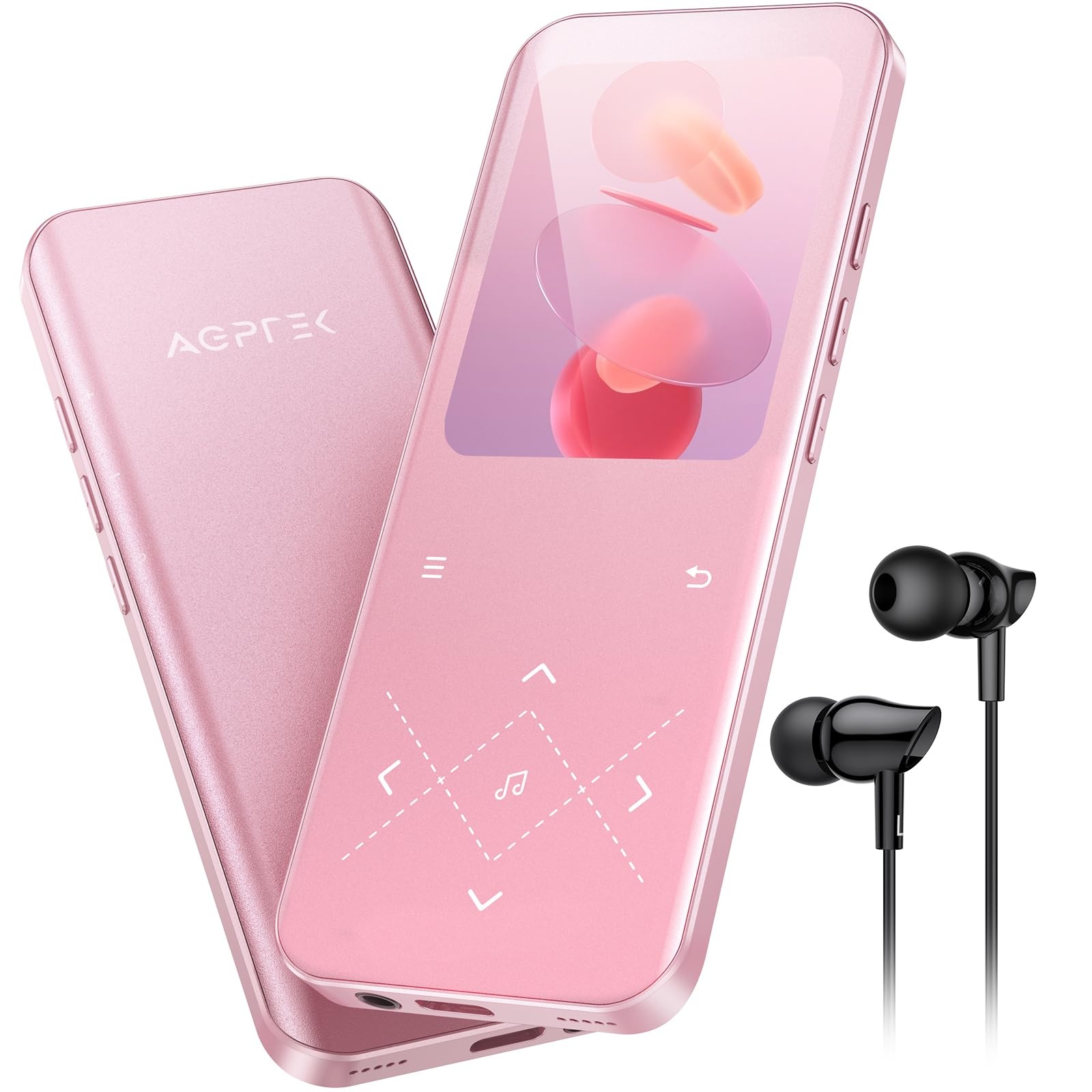 AGPTEK MP3 Player Bluetooth 5.3, 32GB HiFi Sound Musikplayer mit 2,4 Zoll TFT Farbbildschirm, Kopfhörer, Lautsprecher, Touch-Tasten, FM-Radio, E-Book, Aufnahme, Unterstüzt TF-128GB, Rosa