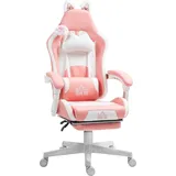 Homcom Gaming Stuhl Ergonomischer Gamer Stuhl mit Lendenwirbelstütze, Fußstütze, Gaming Sessel mit Katzenohren, Kopfkissen, Höhenverstellbar Bürostuhl mit Verstellbar Liegefunktion Rosa