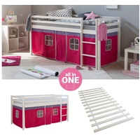 Homestyle4u Hochbett Kinderbett mit Matratze Rutsche Turm Pink Tunnel 90x200 cm weiß