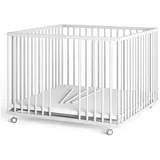 Sämann Laufstall Baby 100x100 cm mit Schlupfsprossen | TÜV geprüft 2024 | stufenlos höhenverstellbar | Laufgitter Premium | Babybett aus Holz | Krabbelgitter weiß