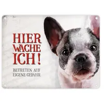 trendaffe Metallschild mit Französische Bulldogge Motiv und Spruch: Betreten auf eigene Gefahr - Hier wache ich!