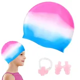 Badekappe für Kinder, Badekappe, Badehaube aus Silikon, Badekappe Kinder Lange Haare, Schwimmkappe für Mädchen Jungen, Wasserdicht Swim Cap, inkl Nasenklammer und Ohrstöpseln, Farbverlauf Rosa