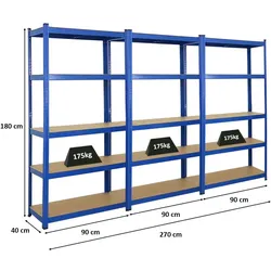 PROREGAL Mega Deal | 3x Schwerlastregal Ragnar | HxBxT 180x90x40cm | Fachlast 175kg | Blau | Garagenregal, Lagerregal, Steckregal