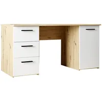 Forte Schreibtisch 140, moderner Schreibtisch mit 3 Schubladen und 1 Schranktür, Holzwerkstoff, Weiß mit Artisan Eiche Holzdekor, 138,2 cm - Braun