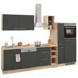 OPTIFIT Küchenzeile "Kalmar", grau (front: anthrazit, korpus: eichefarben hell, arbeitsplatte: eichefarben hell), B:300cm T:60cm, Komplettküchen-Sets, Breite 300 cm, wahlweise mit E-Geräten, mit Arbeitsplatte