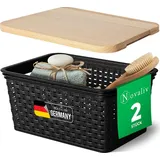 Novaliv 2er Set Eleganter Aufbewahrungskorb mit Holzdeckel in Rattan-Optik | Schwarz Lebensmittelecht Kunststoff 5L – Perfekt für Bad & Kleidung...