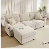 REDOM Sofa mit Fußhocker, mit Stauraum, 2 quadratischen Kissen, 1 USB-Anschluss und 1 Type-C-Anschluss 1 Teile beige