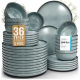 PURE LIVING INTERIOR DESIGN Steingut Geschirrset 12 Personen Rustic 36-tlg. blau/schwarz