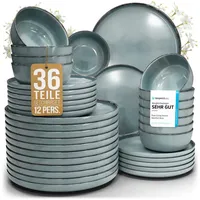 PURE LIVING INTERIOR DESIGN Steingut Geschirrset 12 Personen Rustic 36-tlg. blau/schwarz
