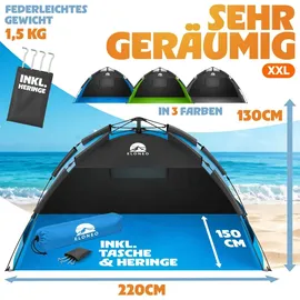 eloneo Pop Up Strandmuschel UV Schutz 80+, Leichter Aufbau und kleines Packmaß inkl. Tragetasche, Sonnenschutz & Windschutz für Babys und Erwachsene, Blau , 220x150x130 cm