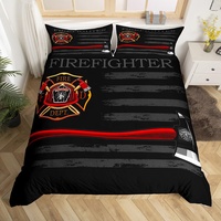 Feuerwehrmann-Bettbezug für Einzelbett, amerikanische Flagge, geometrische Streifen, Bettwäsche-Set, Jungen, Mädchen, Erwachsene, Raumdekoration, Feuerwehr-LKW-Werkzeuge, Bettdeckenbezug, rot schwarz,