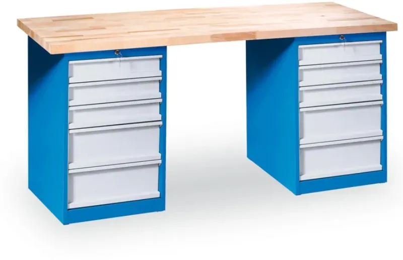 Werkbank GD mit 2 Werkzeugkästen, Buche-Leimholzplatte, 10 Schubladen, 1700 x 800 x 850 mm, blau