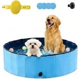 Hundepool 100x30 Faltbar, Hundeplanschbecken, Keine Pumpe benötigt, aus kratzfestem PVC-Material, Anti-Rutsch-Belag & schnelle Entleerung, Hundebadewanne mit Badebürste Ablassventil PVC-Aufnäher x 4