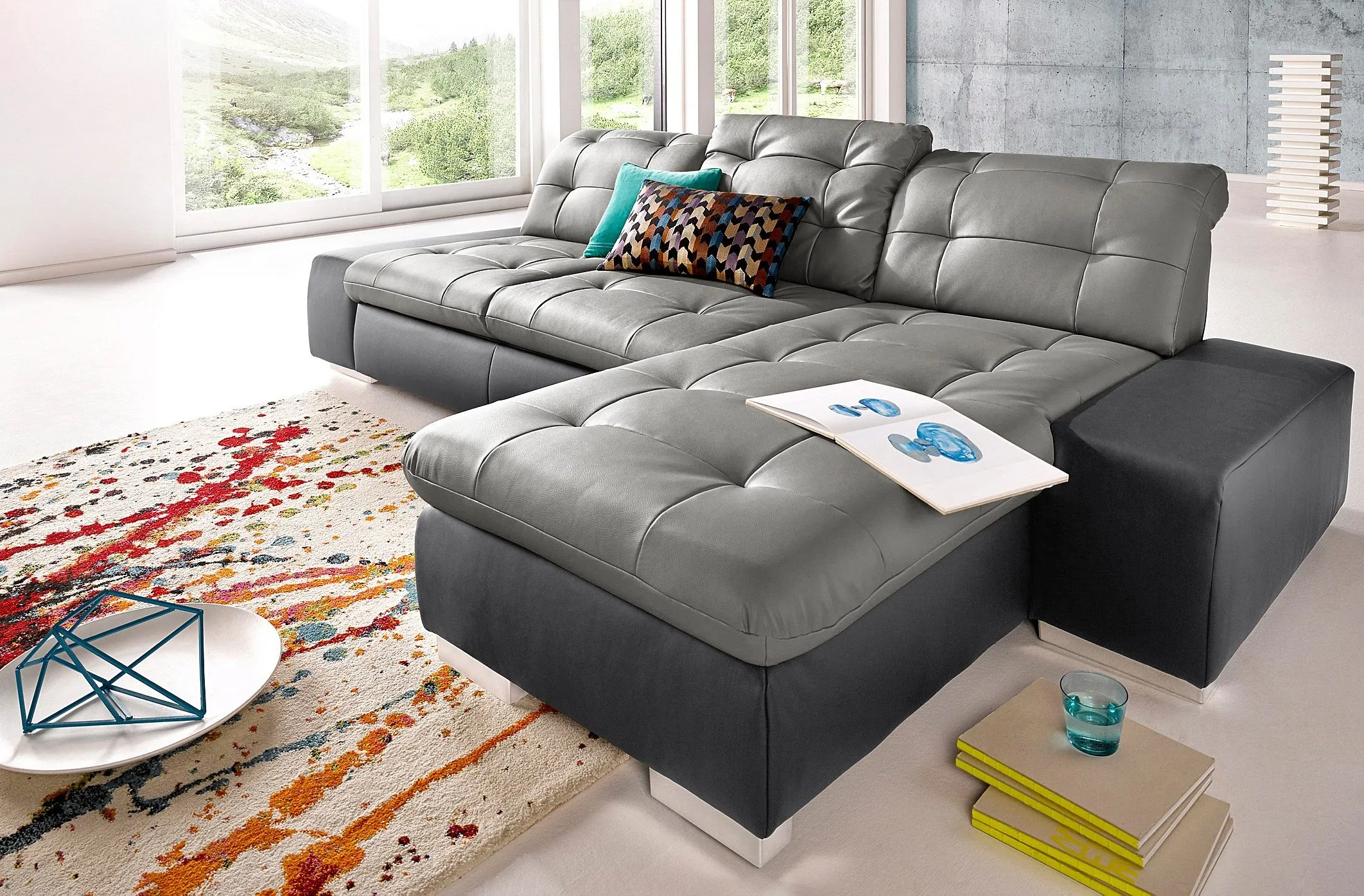 Ecksofa SIT & MORE "Palomino L-Form", schwarz (schwarz, steingrau), B:284cm H:84cm T:109cm, Kunstleder SOFTLUX/Struktur (100% Polyester), Kunstleder SOFTLUX/Feinstruktur (100% Polyester), Kunstleder SOFTLUX/ NaturLEDER (echtes Rindsleder), Sofas, wahlweise XL oder XXL und mit Bettfunktion