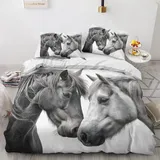 Generisch Pferd Bettwäsche 200x200cm, Schwarz Weiß Pferd Bettwäsche-Sets 3 Teilig, Bettbezug + 2 Kissenbezüge 80x80cm Weich Mikrofaser mit Reißverschluss 21D&-2
