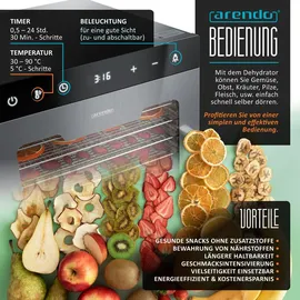 Arendo Dörrautomat Edelstahl, Temperaturregler 30° bis 90°C, Dörrgerät, Dehydrator, 800 W, 10 Etagen, Obst, Fisch, Fleisch, Timer 0,5-24 Stunden - Silber