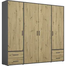 Rauch Drehtürenschrank RAUCH "Kleiderschrank Schrank Garderobe Wäscheschrank VOYAGER", grau (graumetallic, eiche artisan), B:187cm H:194cm T:53cm, Holzwerkstoff, Schränke, Drehtürenschrank, moderne Griffe in Graumetallic mit Außenschubkästen MADE IN GERMANY