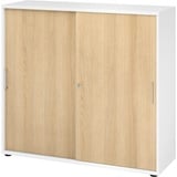 bümö Schiebetürenschrank "3OH" - Aktenschrank abschließbar, Sideboard Schrank mit Schiebetüren in Weiß/Eiche - Büroschrank aus Holz mit Schiebetür,