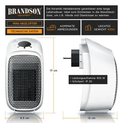 Brandson Steckdosen Heizlüfter 400W, Mini Keramik Heizung, Digitalanzeige, energiesparend, Thermostat, Überhitzungsschutz, Automatische Abschaltung