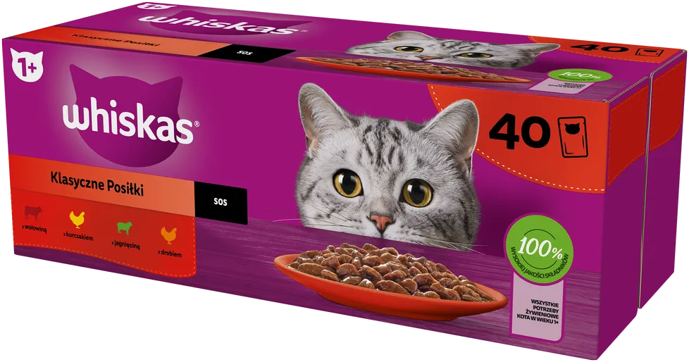 WHISKAS Adult Sachets 40 x 85 g Classic Meals - Nassfutter für ausgewachsene Katzen, in Sauce (Schnitte mit: Rind, Huhn, Lamm, Geflügel) (Rabatt für Stammkunden 3%)