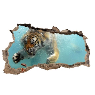3D Wandtattoo Mauerloch Wandsticker Wandaufkleber Durchbruch Tiere selbstklebend H 60 x B 100 Schlafzimmer Wohnzimmer (WL36 Tiger im Wasser)