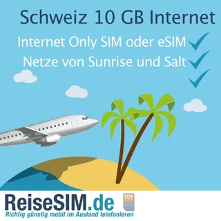 ReiseSIM Schweiz Internet SIM-Karte, 10 GB Datenvolumen, 30 Tage Gültigkeit, 4G/5G Netz, 3in1 SIM