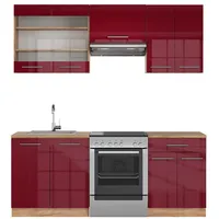 Vicco Küchenzeile Fame-Line Eiche Bordeaux Rot 200 cm modern Küchen Schränke Schubunterschrank Spülenunterschrank Hängeschrank Hängeglasschrank Hochglanz