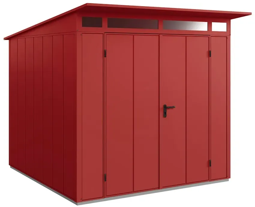 Hörmann Metall-Gerätehaus Berry mit Pultdach B 238 x T 238 cm (Typ 2), Motiv Modern (mit breiten Lamellen), Doppeltür, Purpurrot (RAL 3004)