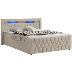 Juskys Boxspringbett Leona Samt 140x200 cm in Beige – mit LEDs, Topper & H4-Federkern-Matratzen