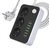 Lotvic Steckdosenleiste 3-Fach, Mehrfachsteckdose mit 3 Fach Steckdosen und 6 USB, Steckdosen-Adapter mit Kindersicherung, Steckerleiste mit 2m Kabellänge, für Smartphones, Laptop, Schwarz