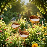 JACKANNA Gartendeko Vintage 3er Vogeltränke Balkon Insektentränke Metall Rostige Gartenstecker für Draußen Wetterfest Edelrost Edelrostoptik Rostiger Beetstecker Topfstecker (A)