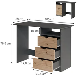 Vicco Schreibtisch Meiko, Anthrazit/artisan, 105 x 50 cm mit Schubladen, Vicco