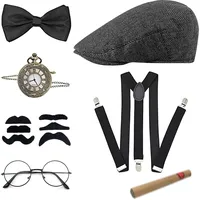 20er Jahre Kostüm Herren Accessoires, Mafia Peaky Blinders Set Mit Gangster Panamahut, Taschenuhr, Hosenträger, Fliege, Bärte, Brille - Für Karneval, Fasching, Halloween