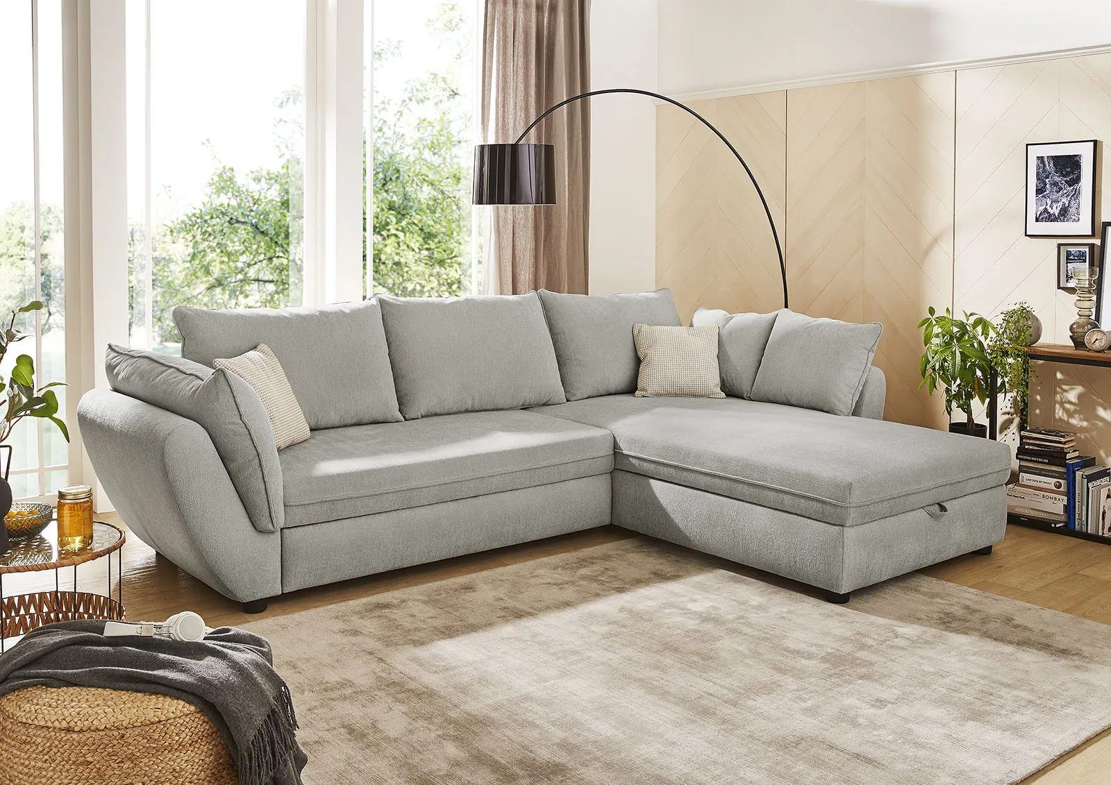 Ecksofa JOCKENHÖFER GRUPPE "Jerez L-Form" Sofas Gr. B/T: 303cm x 101cm, Ottomane beidseitig montierbar, mit Bett-und Relaxfunktion,Stauraum/Bettkasten,Wellenfederung,Ottomane links oder rechts montierbar, grau mit Bett-und Relaxfunktion,StauraumBettkasten,Wellenfederung,Ottomane