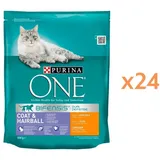 PURINA ONE COAT & HAIRBALL Trockenfutter mit Huhn und Vollkorn für adulte Katzen 24x800g