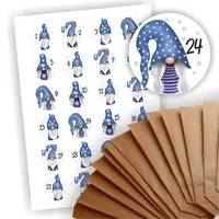 Adventskalender zum Befüllen 24 braune Geschenktüten Kraftpapiertüten + 24 weihnachtliche Aufkleber Papiertüte DIY Wichtel blaue Mütze