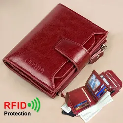 Vintage Damen-Geldbörse aus echtem Leder, RFID-blockierend, kurze Multifunktions-Geldbörse mit großer Kapazität und Reißverschluss, Geldklammer