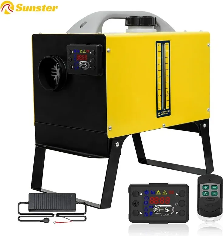 8KW Tragbarer Diesel-Lufterhitzer, 12V/24V All-in-One-Gehäuse inkl. 110-240V Netzteil, LCD-Display & Fernbedienung, mit Bodenhalterung. Für Wohnmobile, Autos, LKWs, Busse.
