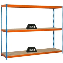 PROREGAL Schwerlastregal MID WOOD YETI THREE | HxBxT 150x120x75cm | Fachlast 400kg | Blau-Orange | Regal Standregal Werkstattregal Lagerregal