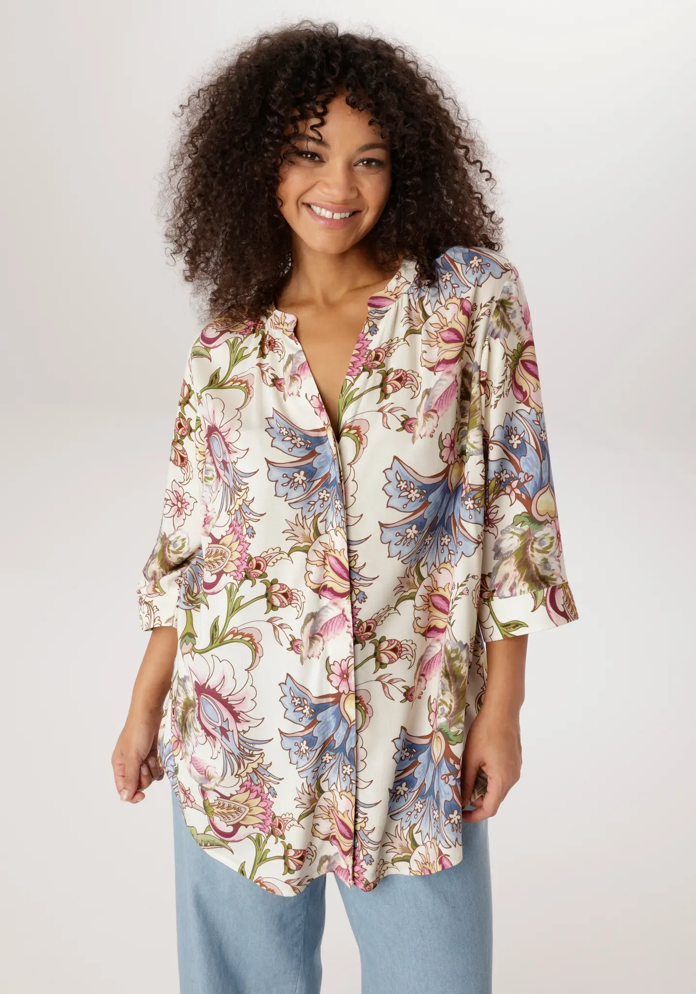 Longbluse ANISTON PLUS, Damen, Gr. 44, bunt (hellgelb, blau, rose, bordeaux, gelb), Web, Obermaterial: 100% Viskose, bedruckt, gemustert, figurumspielend Po-bedeckend, V-Ausschnitt, Blusen Longbluse, mit Blumen bedruckt - jedes Teil ein Unikat