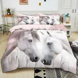 Generisch Bettwäsche 155x220 cm Weißes Pferd Kirschblüte 3teilig Bettwäsche-Sets Kinder Mikrofaser Baumwolle, Soft Jungen Mädchen Bettwaren Bettbezug mit 2 Kissenbezug 80x80 cm