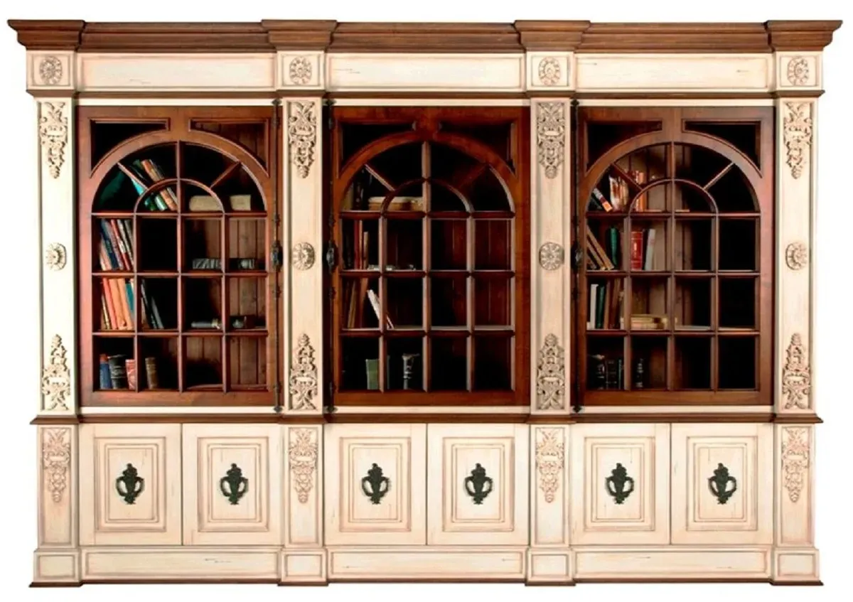 Casa Padrino Luxus Vintage Stil Bücherschrank Antik Creme / Dunkelbraun / Schwarz 323 x 51 x H. 255 cm - Vintage Stil Massivholz Schrank - Massivholz Möbel - Vintage Stil Möbel - Luxus Möbel