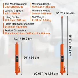 Vevor Hydraulischer Langer Ram-Wagenheber, 8 t Motorhebezylinder mit Einzelkolbenpumpe & Flacher Basis, Hydraulischer Auto-Flaschenheber für Motorhebebühnen, Garagen-/Ladenkrane, Bauernhof usw.