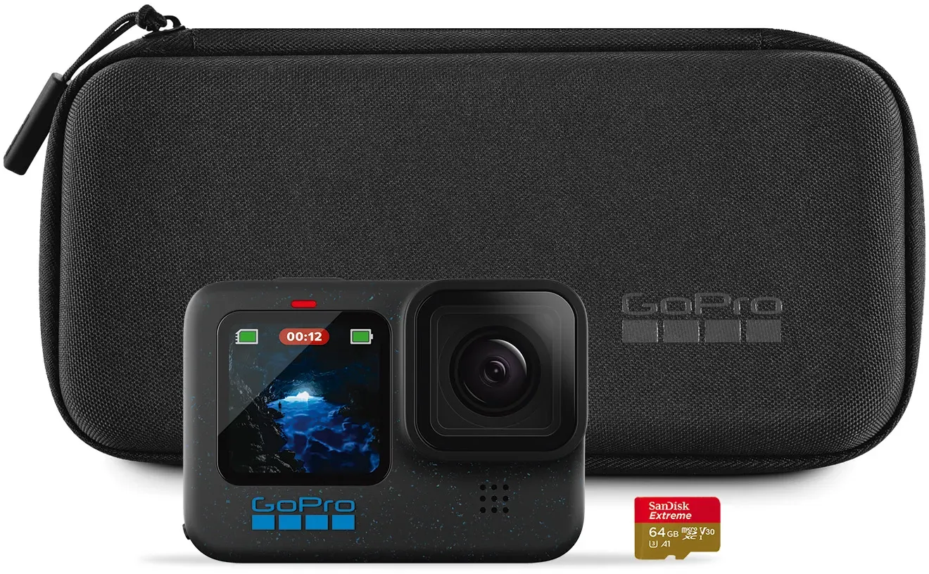 GoPro Kamera HERO12 - erlebe unglaubliche Bildqualität, inkl. SanDisk microSDKarte mit 64 GB + Transporttasche - schwarz