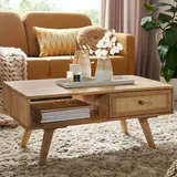 FineBuy Couchtisch FineBuy Sofatisch 90 cm Massivholz Rattan Wohnzimmertisch Schublade