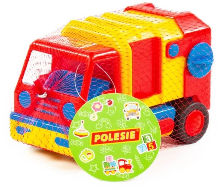 Polesie Spielzeug Müllwagen 9609, Mülltonne, Anhängerkupplung, Aufbau kippbar gelb