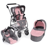 Puppenwagen Emotion All In, 3in1 Puppenwagen-Set bestehend aus Babywanne, Sportsitz und Autositz, Melange Grau-rosa