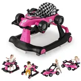 GOPLUS 4 in 1 Baby Lauflernhilfe, Lauflernwagen höhenverstellbar mit Licht & Musik, Baby Walker Autoförmig mit Einstellbarer Geschwindigkeit, Gehfrei Baby ab 6 Monaten (Hot Pink)