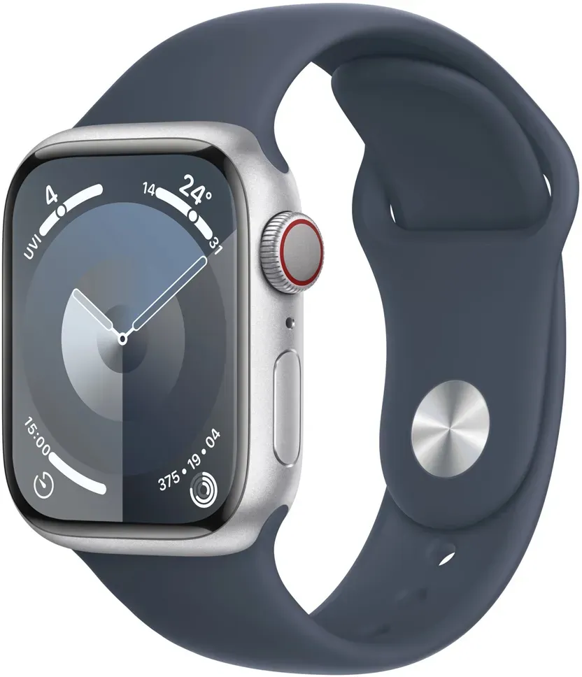 Apple Watch 9 LTE 41mm S/M Aluminium silber Sportarmband sturmblau